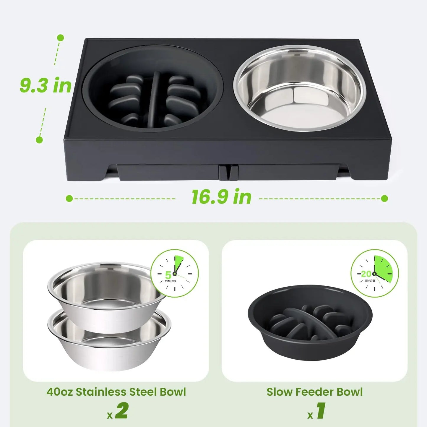 Elevated Dog Bowls - 5 Adjustable Heights Stand, 2 Stainless Steel Bowls & 1 Slow Feeder, 3.2" to 12.2" for Small to Large Dogs
