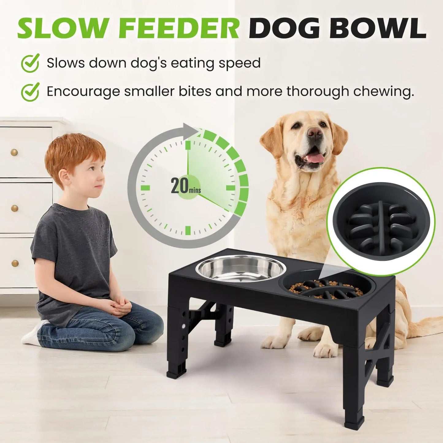 Elevated Dog Bowls - 5 Adjustable Heights Stand, 2 Stainless Steel Bowls & 1 Slow Feeder, 3.2" to 12.2" for Small to Large Dogs