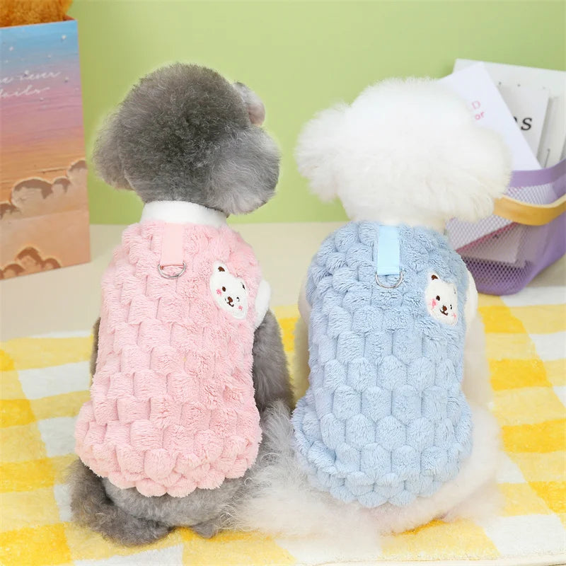 Winter Cat Dog Clothes with Buckle Sweet Bear Print Pet Plush Sweater for Small Dogs Pomeranian Chihuahua Puppy Button Jacket