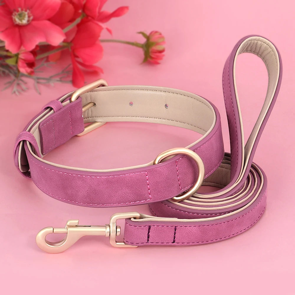 Soft Padded Dog Collar Leash Set PU Leather Pet Dog Collars Necklace With Walking Lead Rope Adjustable For Small Medium Dogs Pug