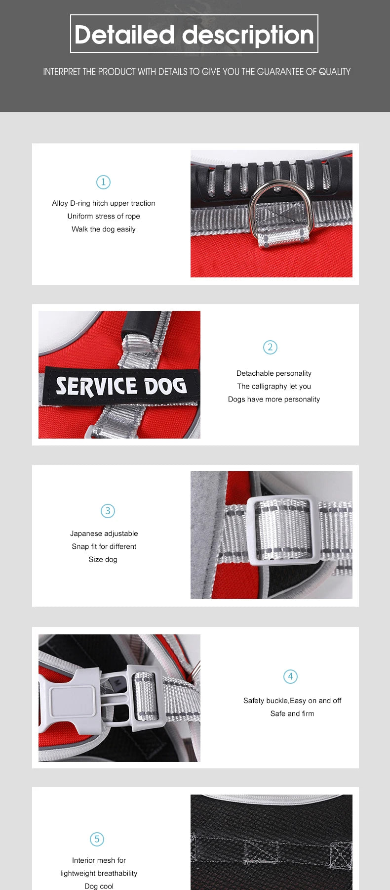 Service Dog Vest Harness No Pull Dog Hook Suitable Large Dog Vest Dog Walking Rope Control Dog Strap Accessories Prevent Loss