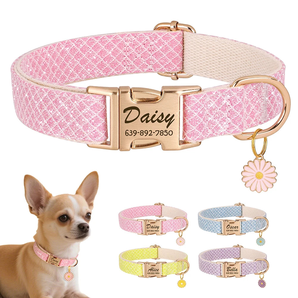 Custom Bling Nylon Dog Collar Free Engraved Puppy Dog ID Name Collars With Cute Flower Tag Accessory For Small Medium Dogs Cats
