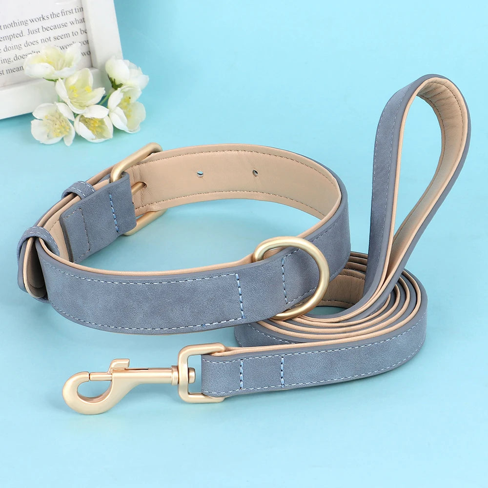 Soft Padded Dog Collar Leash Set PU Leather Pet Dog Collars Necklace With Walking Lead Rope Adjustable For Small Medium Dogs Pug