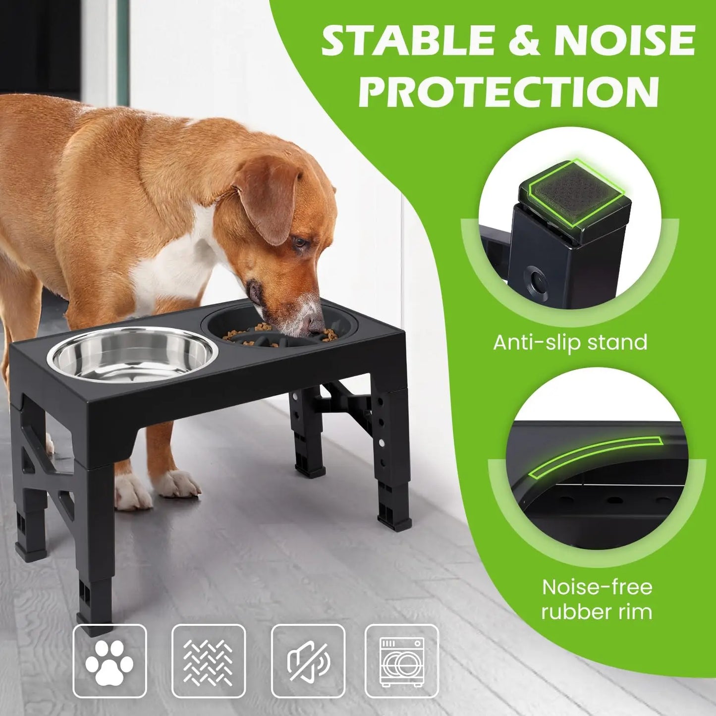 Elevated Dog Bowls - 5 Adjustable Heights Stand, 2 Stainless Steel Bowls & 1 Slow Feeder, 3.2" to 12.2" for Small to Large Dogs