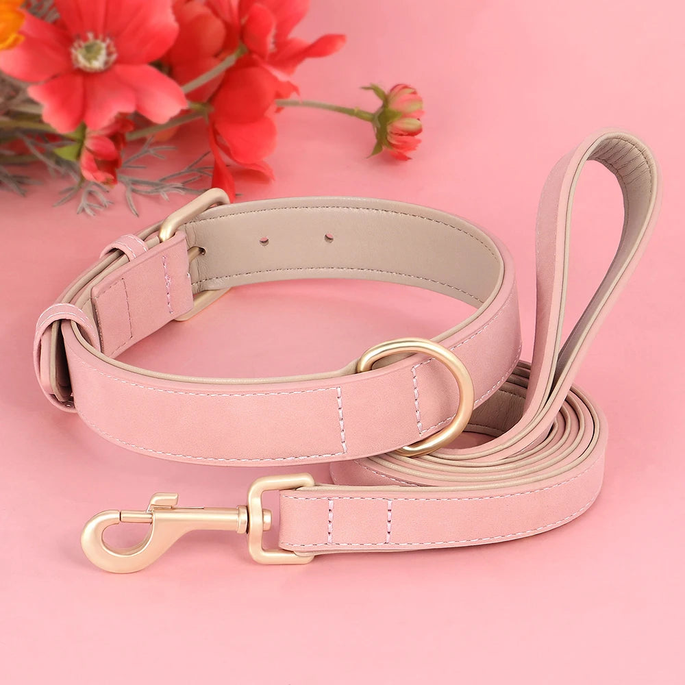 Soft Padded Dog Collar Leash Set PU Leather Pet Dog Collars Necklace With Walking Lead Rope Adjustable For Small Medium Dogs Pug