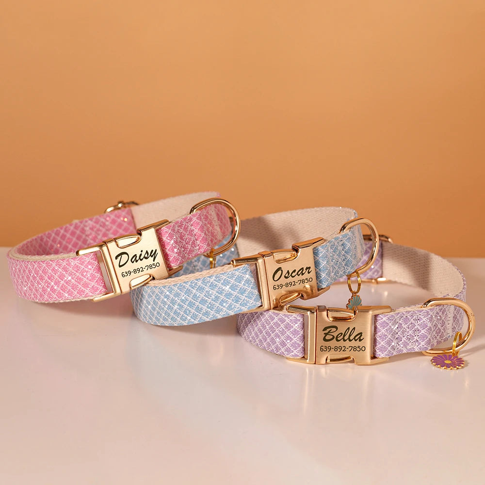Custom Bling Nylon Dog Collar Free Engraved Puppy Dog ID Name Collars With Cute Flower Tag Accessory For Small Medium Dogs Cats
