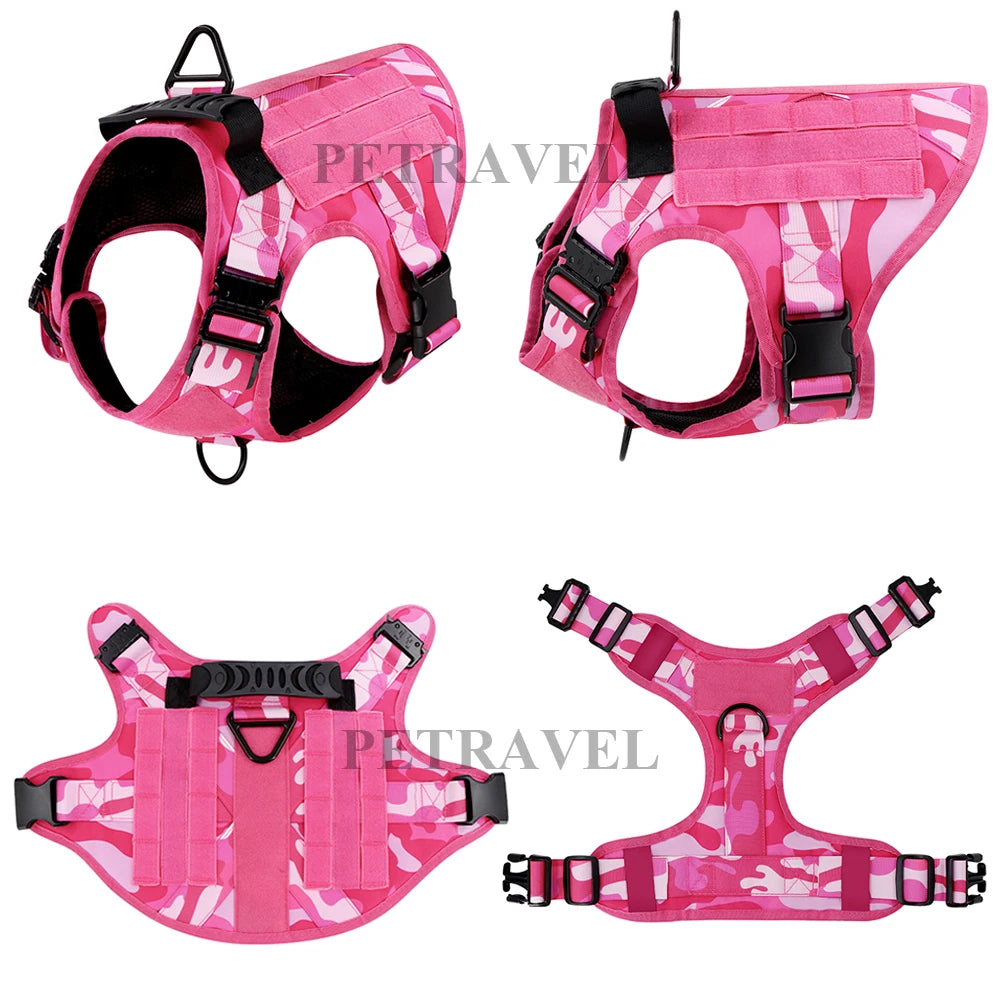 Military Pink Camouflage Dog Harness For Large Medium Dogs Harnesses Leash Adjustable Pet German Shepherd Tactical Training Vest