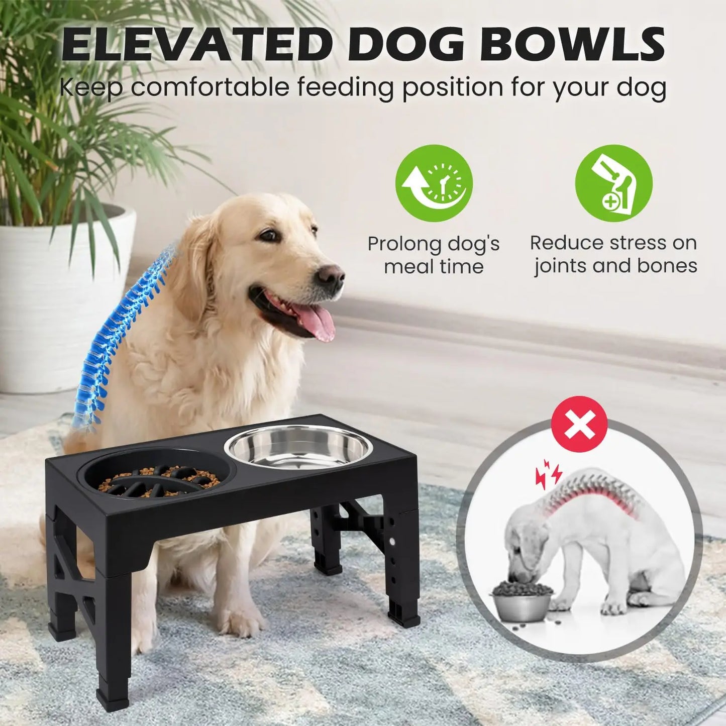 Elevated Dog Bowls - 5 Adjustable Heights Stand, 2 Stainless Steel Bowls & 1 Slow Feeder, 3.2" to 12.2" for Small to Large Dogs
