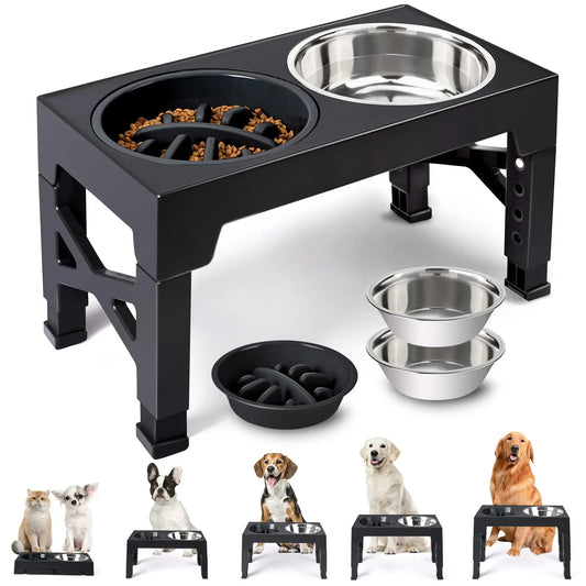 Elevated Dog Bowls - 5 Adjustable Heights Stand, 2 Stainless Steel Bowls & 1 Slow Feeder, 3.2" to 12.2" for Small to Large Dogs