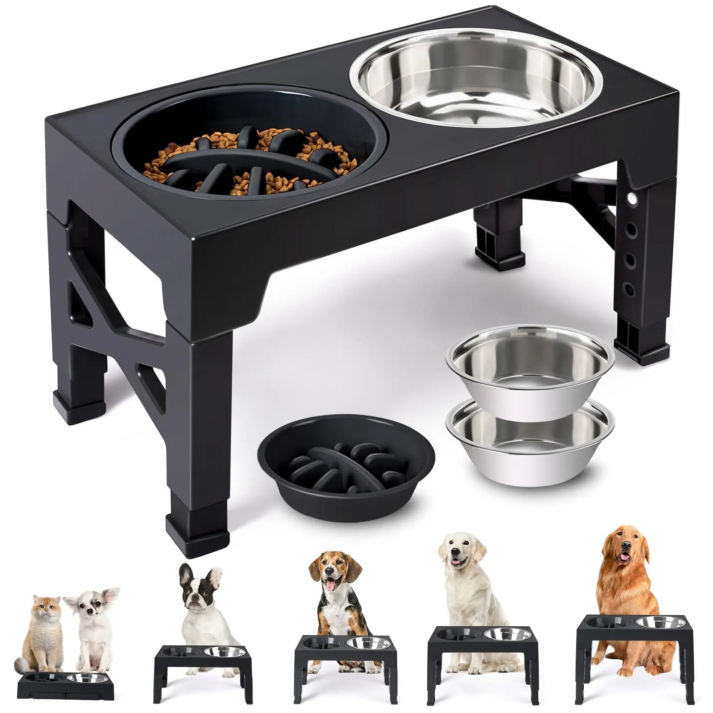Elevated Dog Bowls - 5 Adjustable Heights Stand, 2 Stainless Steel Bowls & 1 Slow Feeder, 3.2" to 12.2" for Small to Large Dogs