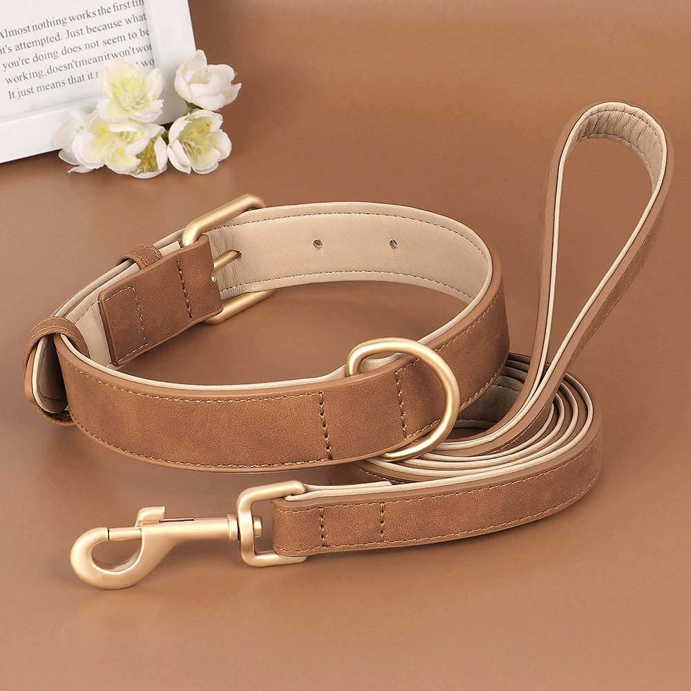 Soft Padded Dog Collar Leash Set PU Leather Pet Dog Collars Necklace With Walking Lead Rope Adjustable For Small Medium Dogs Pug