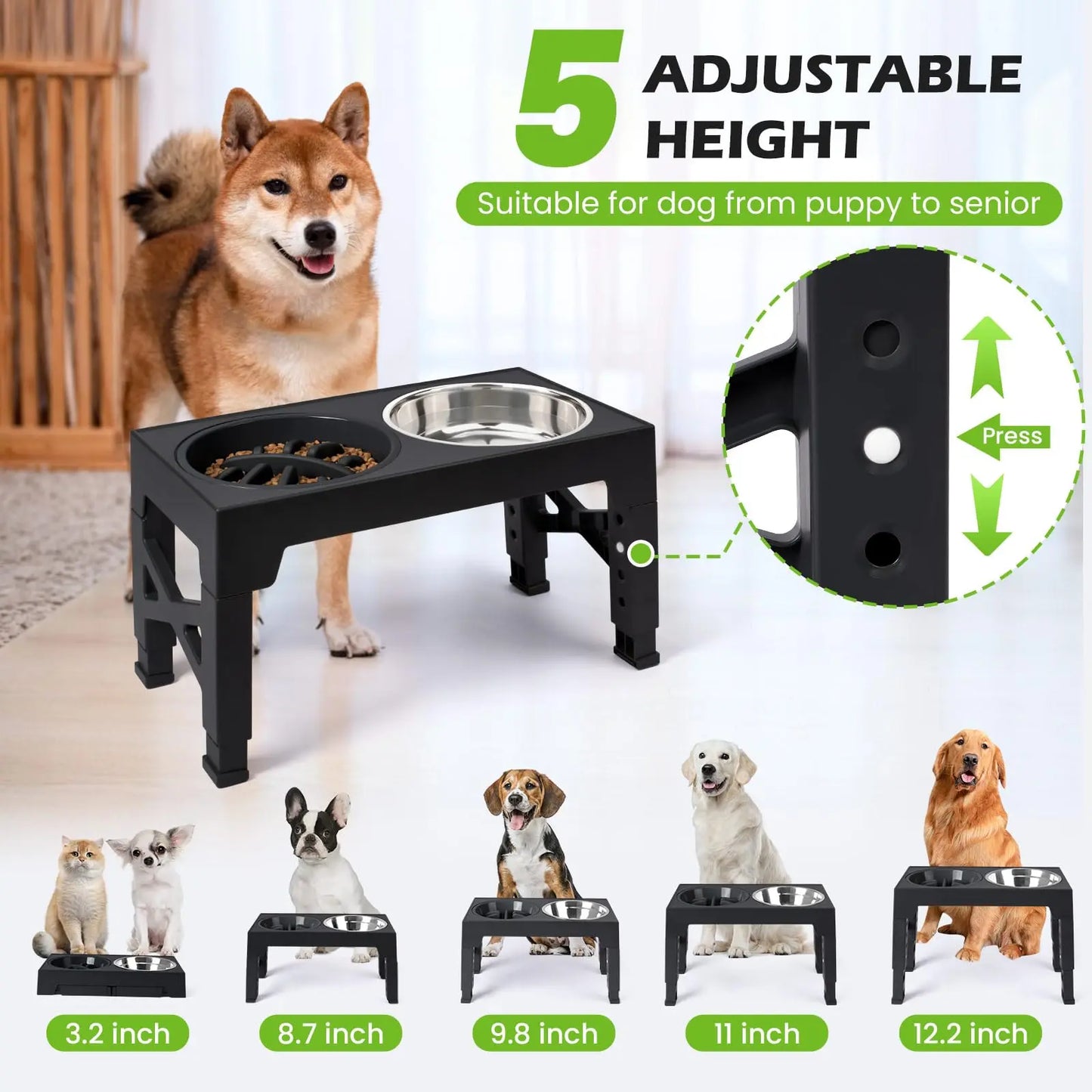 Elevated Dog Bowls - 5 Adjustable Heights Stand, 2 Stainless Steel Bowls & 1 Slow Feeder, 3.2" to 12.2" for Small to Large Dogs