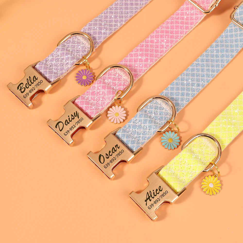 Custom Bling Nylon Dog Collar Free Engraved Puppy Dog ID Name Collars With Cute Flower Tag Accessory For Small Medium Dogs Cats